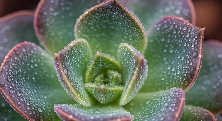 Succulent Plant with Dew Drops on Leaves, Close Up of a Succulent with Water Droplets on a Green and Purple Leaf