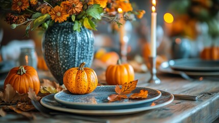 Beautiful Autumn Table Setting With Pumpkins and Flowers for Seasonal Celebration.