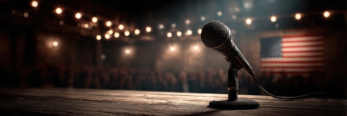 Empty stage with microphone illuminated in spotlight at American venue before live performance begins
