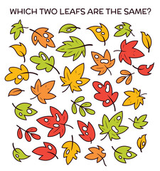 Obraz premium Find the Match. Autumn-themed visual puzzle for kids. Can you find the two identical leaves among many Great for observation, visual attention, and logic activities. Spot it.