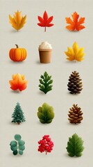 Colorful collection of autumn leaves, pumpkin, and seasonal decorations arranged on a light background