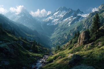 Obraz premium Majestic mountains reach into a cloudy blue sky with misty valleys below in the range, a breathtaking and serene vista of nature's grandeur and mountain peaks covered in snow