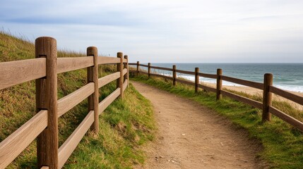 Fototapeta premium Coastal Path Wooden Fence Line to Ocean View, beach ,trail