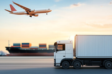 Fototapeta premium Global Logistics Network: Plane, Truck, and Ship Converge for Efficient Delivery. Transport Services & Worldwide Freight. Shipping Concept. Sunset backdrop.