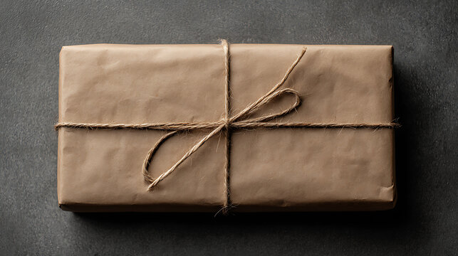 Rectangular package wrapped in brown paper tied with twine gift parcel