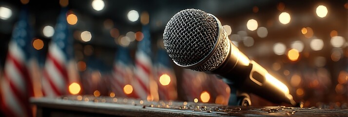 Microphone stands prominently on stage amidst a backdrop of American flags during a political event at night