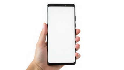 A hand is holding a modern smartphone with a blank white screen ready for application display isolated on transparent background