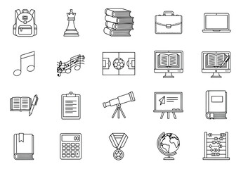 Backpack chess king stack books briefcase laptop music notes soccer field computer screen whiteboard telescope clipboard calculator medal globe abacus