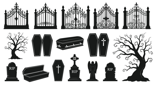 Cemetery gates coffins tombstones spooky trees angel statue vector - Powered by Adobe