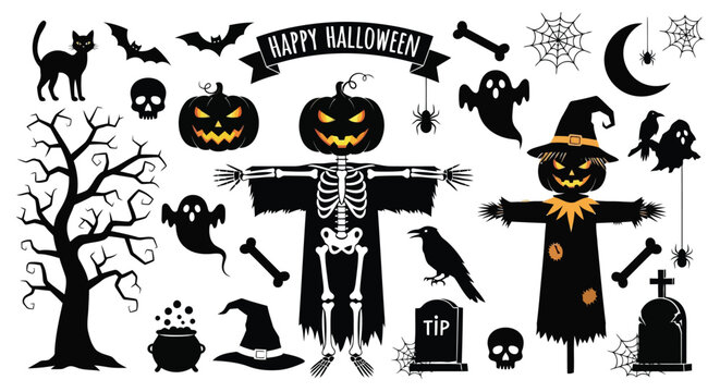 Halloween characters and symbols including pumpkins bats ghosts scarecrows and a black cat jack o lantern