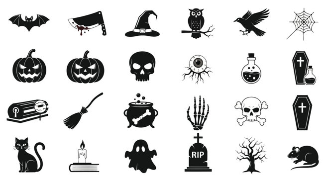 Halloween icons bat cleaver witch hat owl crow spider web pumpkin skull creepy eye potion coffin skull and crossbones cauldron broom skeleton hand tombstone ghost dead tree rat
