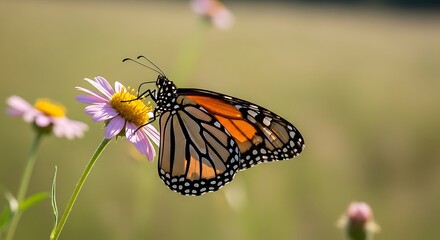 Fototapeta premium Monarch butterfly sipping nectar from a pink flower in a field, Butterfly on a vibrant pink aster flower, pollinating in a sunlit meadow