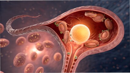 Realistic 3D depiction of ovulation — ovarian follicle swelling and releasing a glowing egg cell into the fallopian tube