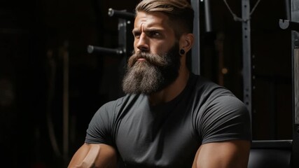 A man with a muscular build and a prominent beard sits in a gym, resting before starting his weightlifting routine. The atmosphere is focused and dedicated