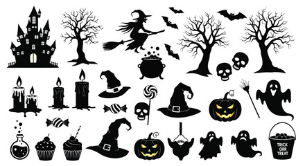 Halloween silhouettes haunted castle witch bats spooky trees cauldron skulls dripping candles witch hats lollipops candies cupcakes potion bottle jack o lanterns