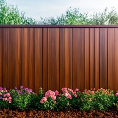 Fototapeta premium Garden Flowers Bloom Against Wooden Fence, Backyard , Landscaping
