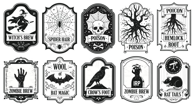 Halloween potion labels with witches spiders skulls bats and rats vector