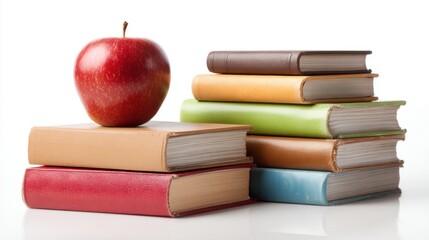 Stack of colorful books with a red apple