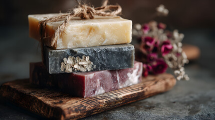 Stack of Three Handmade Soap Bars with Natural Textures