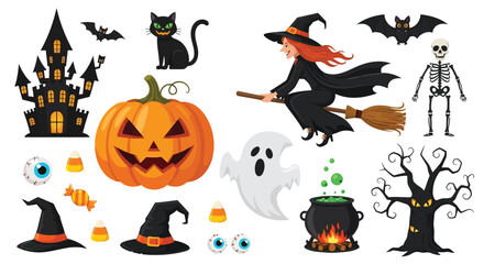 Fototapeta premium Haunted castle black cat witch on broomstick pumpkin ghost skeleton candy spooky tree halloween