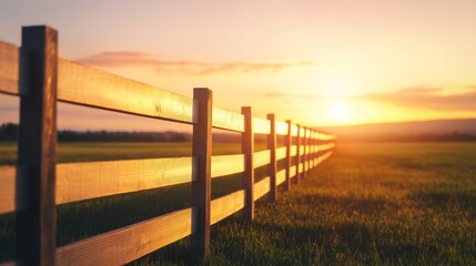 Fototapeta premium Golden Sunset Over Wooden Fence in Meadow,Farm ,Rural