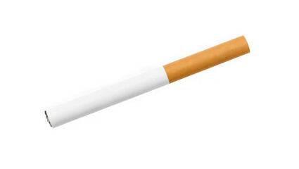 A single lit cigarette with a white body and brown filter isolated on a transparent background
