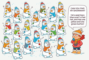 Find the Match. Find by Clues. Spot it. Winter-themed logic puzzle for kids. Help the girl find her snowman by matching scarf, hat, and button colors. Great for observation and attention activities.