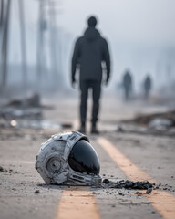 A lone astronaut helmet lies abandoned on a cracked road, while two shadowy figures walk away in a foggy, desolate landscape.