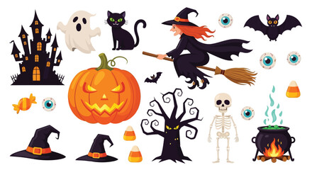 Spooky Halloween castle ghost black cat witch flying broomstick jack o lantern candy corn spooky tree skeleton cauldron