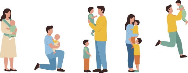 Happy family with kids illustration, parents holding children, parenting moments, father mother love, family bonding, childhood care, modern flat style