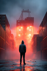 A lone figure stands among towering shipping containers as intense orange light and mist create a dramatic industrial scene at dusk.