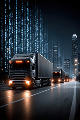 A futuristic fleet of trucks drives through a digital cityscape at night, blending technology and transport in a cyber-inspired urban environment.