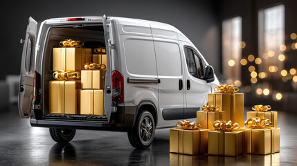 A white delivery van with open back doors is loaded with gold-wrapped gift boxes, while additional gifts are stacked nearby with a festive bokeh background.