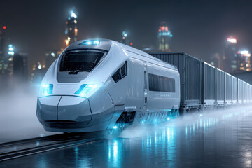 A sleek, modern high-speed freight train travels through a misty urban night, illuminated by city lights and glowing blue accents.