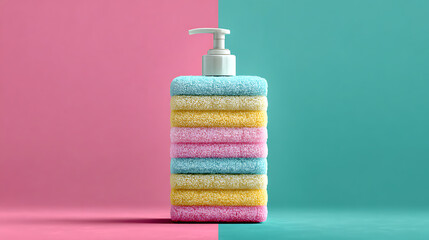 Stacked colorful fluffy towels with dispenser on pastel background image