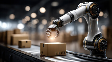 A robotic arm with precision grip places a cardboard box on a conveyor belt in a modern warehouse with blurred lights in the background.