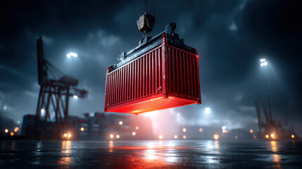 A red shipping container is being lifted by a crane at a dimly lit industrial port during nighttime.