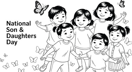 National Son and Daughters Day illustration, happy children group, black and white cartoon, kids celebration, joyful friendship, holiday event, cute art