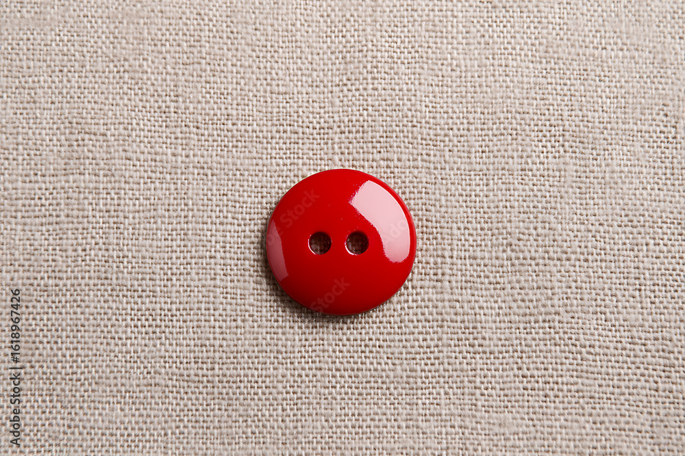 Poster a bright red, glossy button with two holes on beige fabric background. this minimalist image highlig