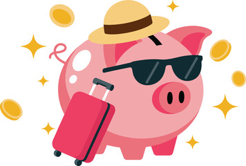 Piggy bank travel concept illustration, vacation money savings, cartoon pig with suitcase, financial planning, holiday budget, coins, cute design