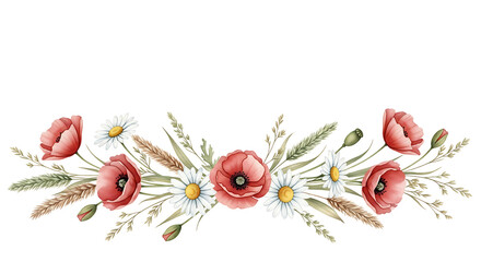 Naklejka premium Watercolor floral arrangement of red poppies and wildflowers with copy space