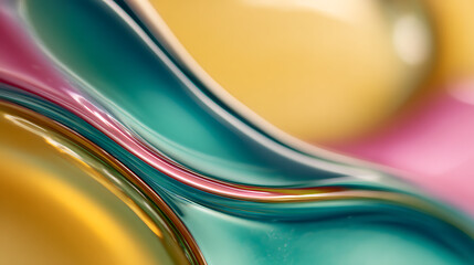 Obraz premium Swirling glossy liquid waves of teal pink and gold abstract
