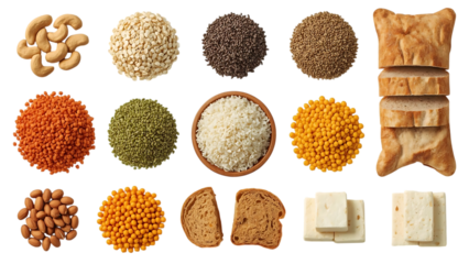 Assortment of grains legumes nuts and bread products isolated on transparent background