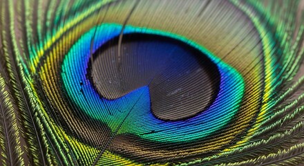 Naklejka premium Close-up of Iridescent Peacock Feather Eye, Abstract Nature Photography of a Colorful Peacock Feather