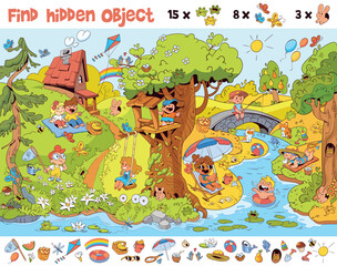 Find 15 frogs. Find the hidden object in the picture. Puzzle Hidden Items. Wordless picture book. Wimmelbook. Wimmelbuch. Children playing in the park on the playground. Educational game for kids