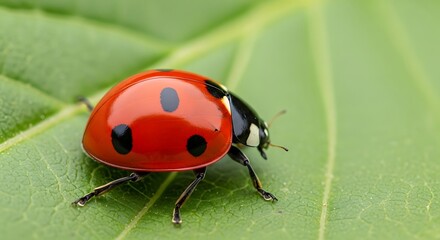 Fototapeta premium Ladybug on a Lush Green Leaf, Close-up of a Ladybug Resting on a Green Leaf