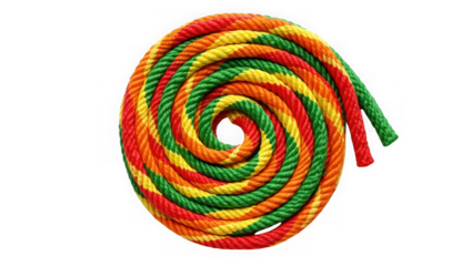 A vibrant spiral of intertwined red, orange, yellow, and green rope creates a colorful pattern isolated on transparent background