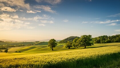 tranquil countryside landscape with tall trees and green fields in late afternoon light