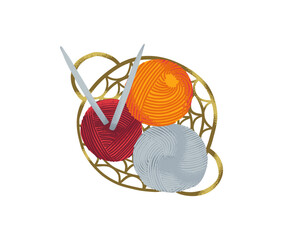 Basket with colorful yarn balls and knitting needles, handmade craft and hobby concept on white background.