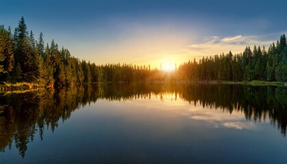 a serene lake at sunset surrounded by dense evergreen trees with reflections shimmering on the calm water surface